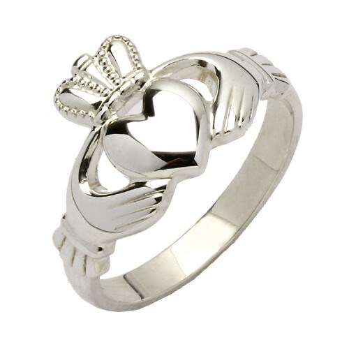 14k White Gold Ladies Diamond Heart Claddagh Ring