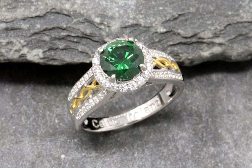 Celtic Halo Silver Ring with Green Stone