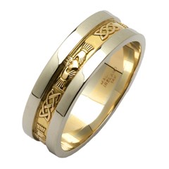 Claddagh & Celtic Knot Two Tone Wedding Band with Wide Sides