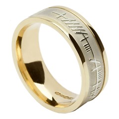 Ogham & Trinity Knot Yellow Gold Band with White Gold Center